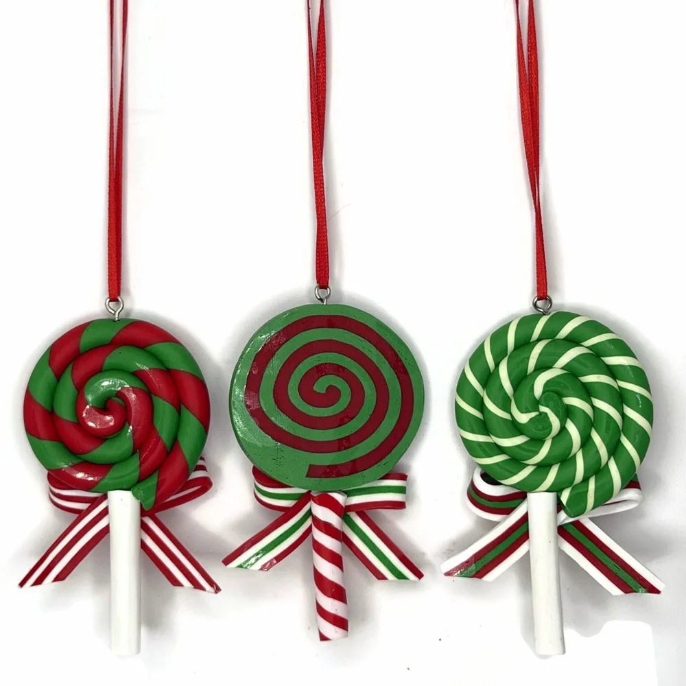 Green Red White Lollipop Swirl Ornaments Set of 3